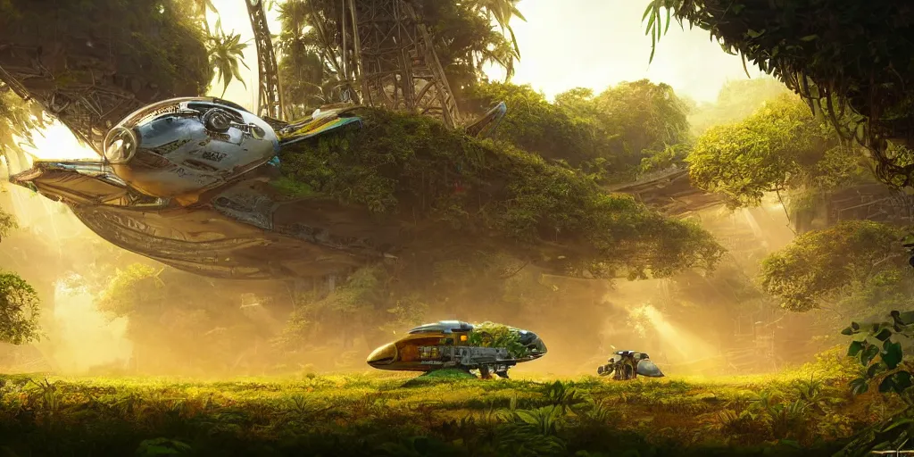 Image similar to a futuristic rusty old spaceship, on a landing pad, surrounded by a lush jungle, in the foreground two explorers are having a conversation, golden hour, sun beams, volumetric light, hyperdetailed, artstation, cgsociety, 8k