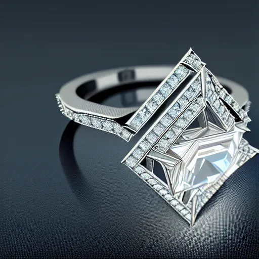 Image similar to photo of a engagement ring with three diamonds, two diamonds outside and one in the middle, photo realistic, hyper detailed, concept art, victorian, multiple angles