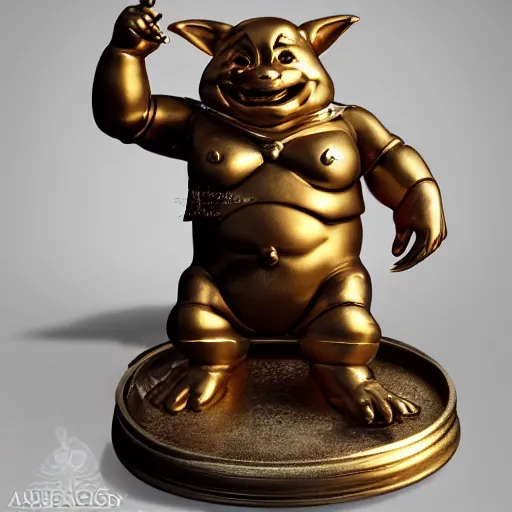 Image similar to a happy cute chubby Lucky Golden Goblin statue,chubby lucky god, bright art masterpiece artstation. hyper details, golden smooth material, sculpted by Alex Alice, Craig Mullins, yoji shinkawa, trending on artstation, beautifully lit, Peter mohrbacher, hyper detailed, insane details, intricate, elite, elegant, luxury, glittering light, CGsociety, hypermaximalist, golden ratio, treasure background, volumetric, octane render, weta digital, micro details, 3d sculpture