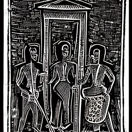 Image similar to monarchy as thieves, african lino cut, high contrast