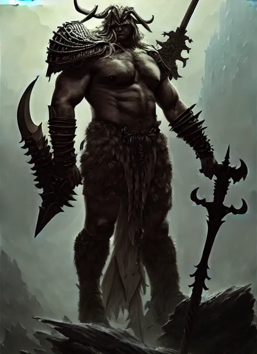 Image similar to a barbarian male horned darkin with a huge sword and wings, dim light, front game card, marvel comics, dark, intricate, highly detailed, smooth, artstation, digital illustration by ruan jia and mandy jurgens and artgerm and wayne barlowe and greg rutkowski and zdislav beksinski