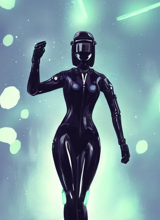 Image similar to Digital painting of a female mech pilot in a black latex bodysuit, by Ross Tran, WLOP, concept art, Artstation, 00s anime, bokeh background, complementary rim lighting, posing, no helmet