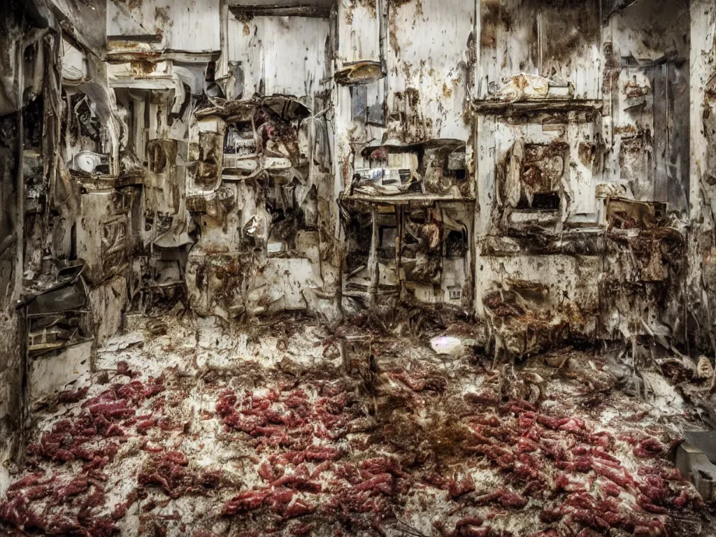 Image similar to a house made of disgusting dirty filth grime meat at night realistic hyperdetailed photography