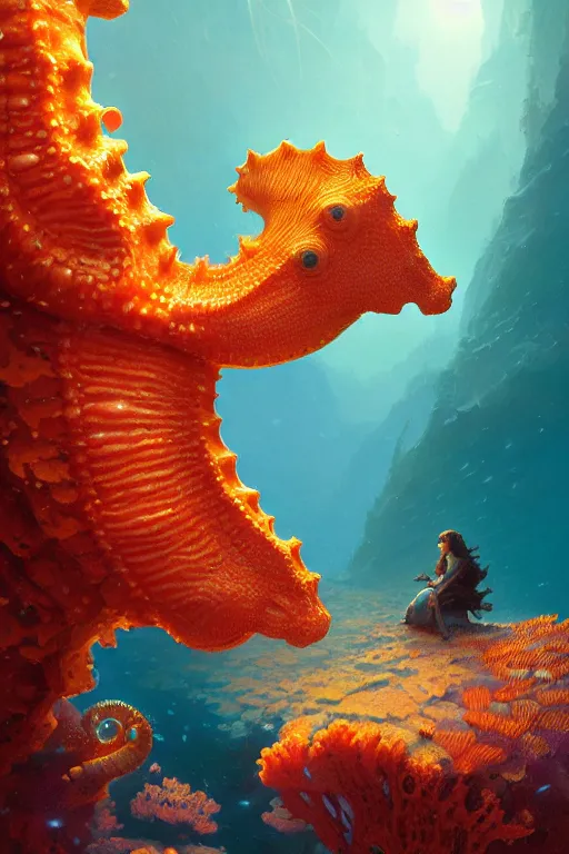 Image similar to highly detailed portrait of coral seahorse, stephen bliss, unreal engine, fantasy art by greg rutkowski, rhads, ferdinand knab, makoto shinkai and lois van baarle, ilya kuvshinov, rossdraws, tom bagshaw, global illumination, radiant light, yellow blue theme, coral reef