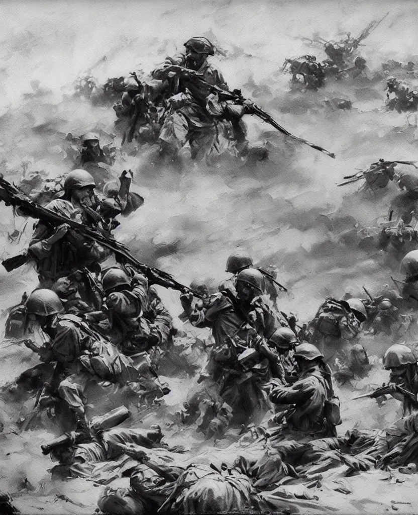 Prompt: a painting of war scenes in el alamein battle, istituto luce's video still frames, wwii, black and white, jeremy mann, alphonse mucha, 8 k