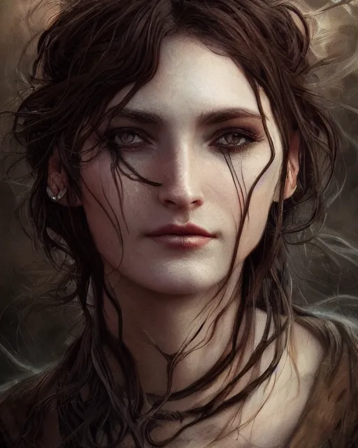 Image similar to fantasy art, unsplash, deviantart, close up portrait of a ruggedly female witch, soft hair, half body, leather, d & d, fantasy, intricate, elegant, highly detailed, digital painting, artstation, concept art, smooth, sharp focus, illustration, art by artgerm and greg rutkowski and alphonse mucha