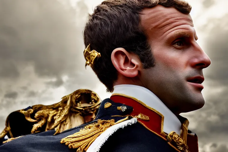 Prompt: closeup portrait of emmanuel macron dressed as napoleon firing cannons from his arms, natural light, sharp, detailed face, magazine, press, photo, steve mccurry, david lazar, canon, nikon, focus