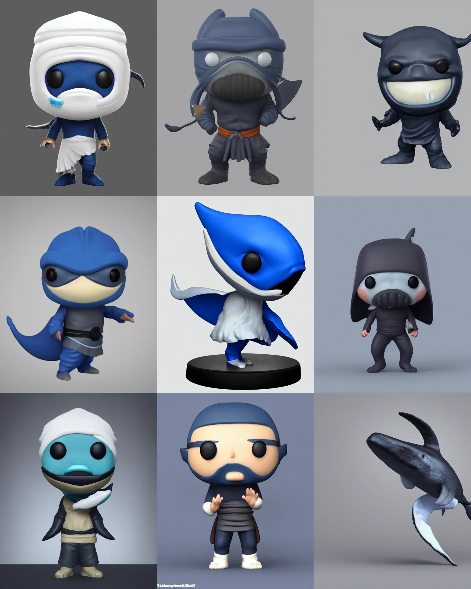 Prompt: full body 3 d render of ninja whale as a funko pop!, studio lighting, grey background, single body, no shadow, blender, trending on artstation, 8 k, highly detailed