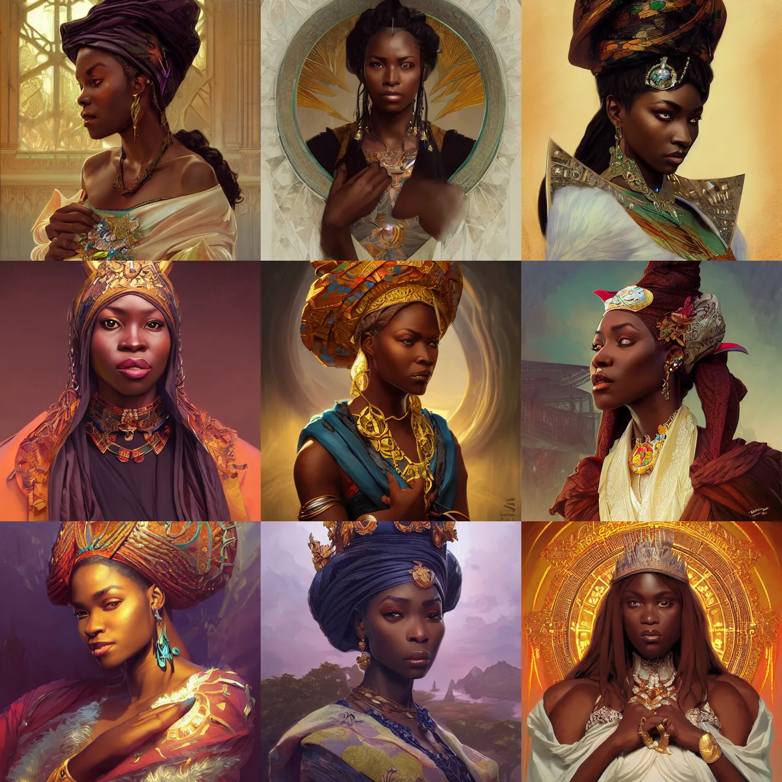 Prompt: nigerian empress, fantasy, portrait, highly detailed, digital painting, artstation, concept art, sharp focus, illustration, art by artgerm and greg rutkowski and alphonse mucha