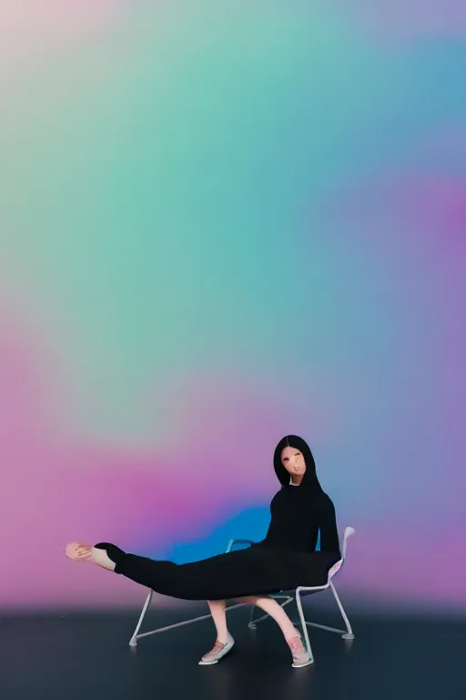 Image similar to high quality pastel coloured film photograph of a model wearing black clothing resting on cloud furniture clouds in a haze filled dreamstate world. three point light, rainbow. photographic production. art directed. pastel colours. volumetric clouds. pastel gradient overlay. waves glitch artefacts. 8 k. filmic.