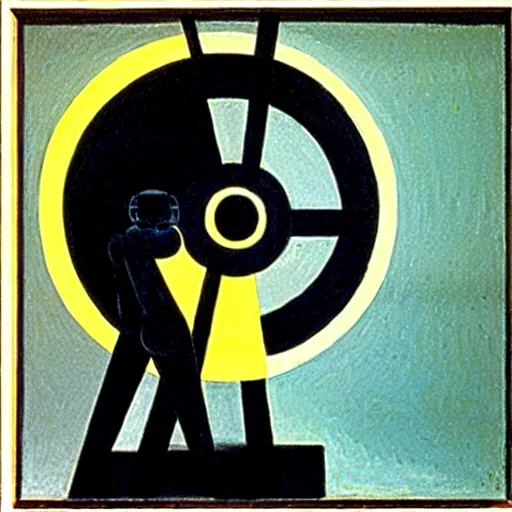 Image similar to melancholic complex suprematism painting of mechanic formed figure working on an sphere machine in height by malevich, throwing hard long shadows in complex construct room by oskar schlemmer, edward hopper vibe, liminal space, oil on canvas