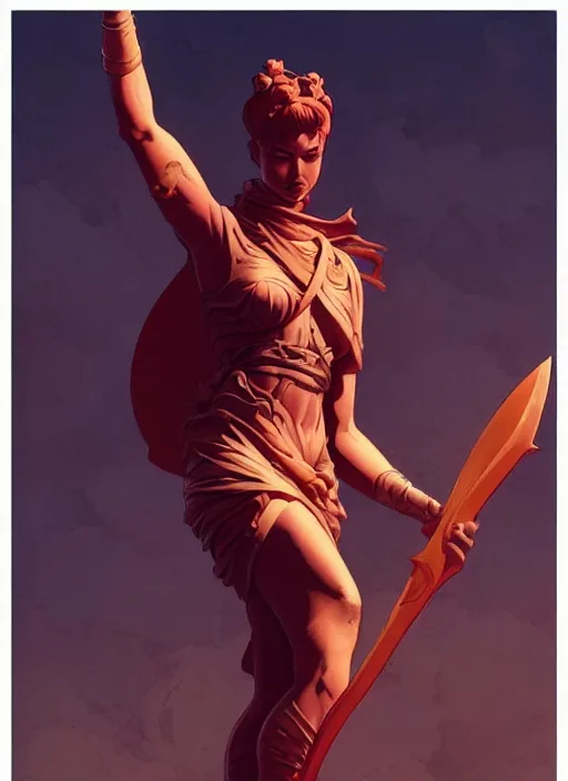 Prompt: statue of a victorious warrior, heroic, glorious, in the style of artgerm, gerald brom, atey ghailan and mike mignola, vibrant colors and hard shadows and strong rim light, plain background, comic cover art, trending on artstation