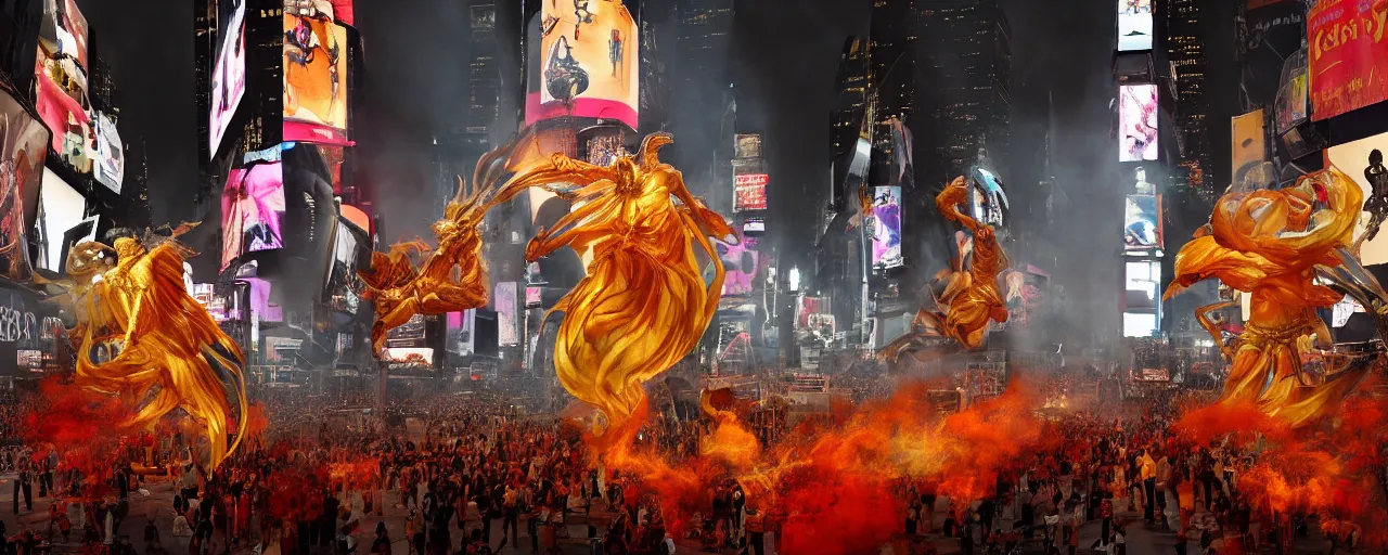 Prompt: 'Deamons unleashed in Times Square' royally decorated, whirling smoke, embers, gold adornements, gilt silk torn fabric, radiant colors, fantasy, trending on artstation, perfect lighting, studio lit, volumetric lighting, micro details, 3d sculpture, István Sándorfi