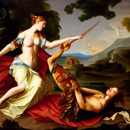 Image similar to joanna newsom fighting the predator, baroque style painting, very detailed