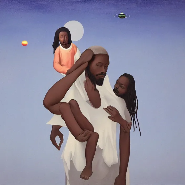 Image similar to UFO hovering over an African Jesus ,painting by Hsiao-Ron Cheng,