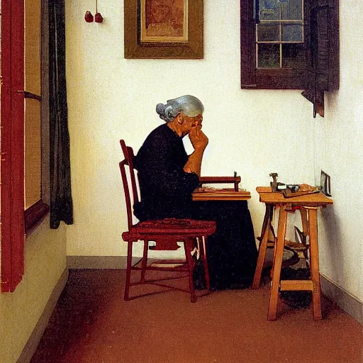 Image similar to elderly cyborg weeping desperate grandma trying to figure out how to order an online pizza sitting in her small room glaring at her lenovo thinkpad laptop t 4 1 0 8 gb ram norman rockwell leonardo da vinci giotto jamie wyeth greg rutkowski winslow homer thomas eakins lucian freud edward hopper j. m. w. turner oil painting anachronistic realism