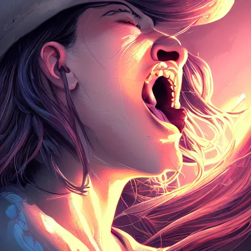 Prompt: wide open wife mouth, close - up, defiant, pin - up, light effect, hyper detailed, intricate, elegant, highly detailed, digital painting, artstation, concept art, matte, sharp focus, illustration, by dan mumford, yusuke murata, makoto shinkai, ross tran