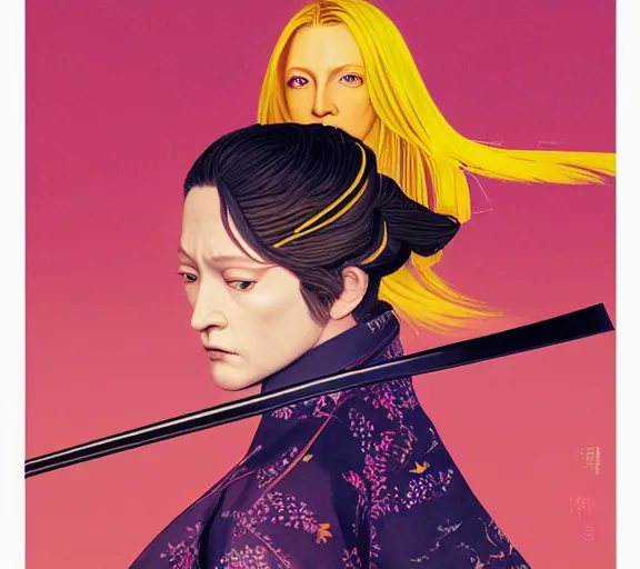 Image similar to breathtaking detailed pattern pastel colors, action scene from kill bill, with uma thurman ( kill bill ) in yellow kimono, with hatori hanzo katana sword and autumn leaves, by hsiao - ron cheng, bizarre compositions, exquisite detail, enhanced eye detail