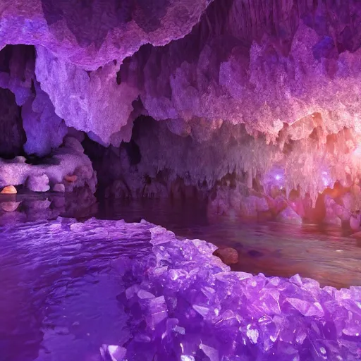 Image similar to inside an amethyst cave with a hot spring, highly detailed, 4k, HDR, award-winning, artstation, octane render