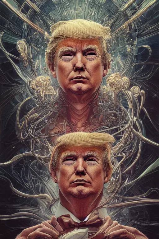 Prompt: donald trump, by artgerm and yoshitaka amano and moebius and hr giger and zdislaw beksinski and alphonse mucha, hyperdetailed, symmetry, glamour, surreal, dc comics, ornate, stunning, nebula, explosions in the sky, trending on artstation