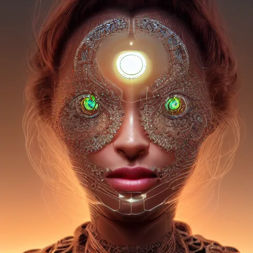 Image similar to woman integrating with technology, full face, insipiring, detailed intricate ornate cables connected to head, big open electric eyes, luxurious detailed abundent wiring and implants, diamonds, sci-fi, neon, emeralds, detailed technology full background, highly detailed, artstation, Rene Lalique and Eddie Mendoza