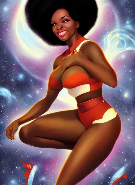 Prompt: black female astronaut with a celestial afro pin - up style by artgerm, realistic, trending on artstation