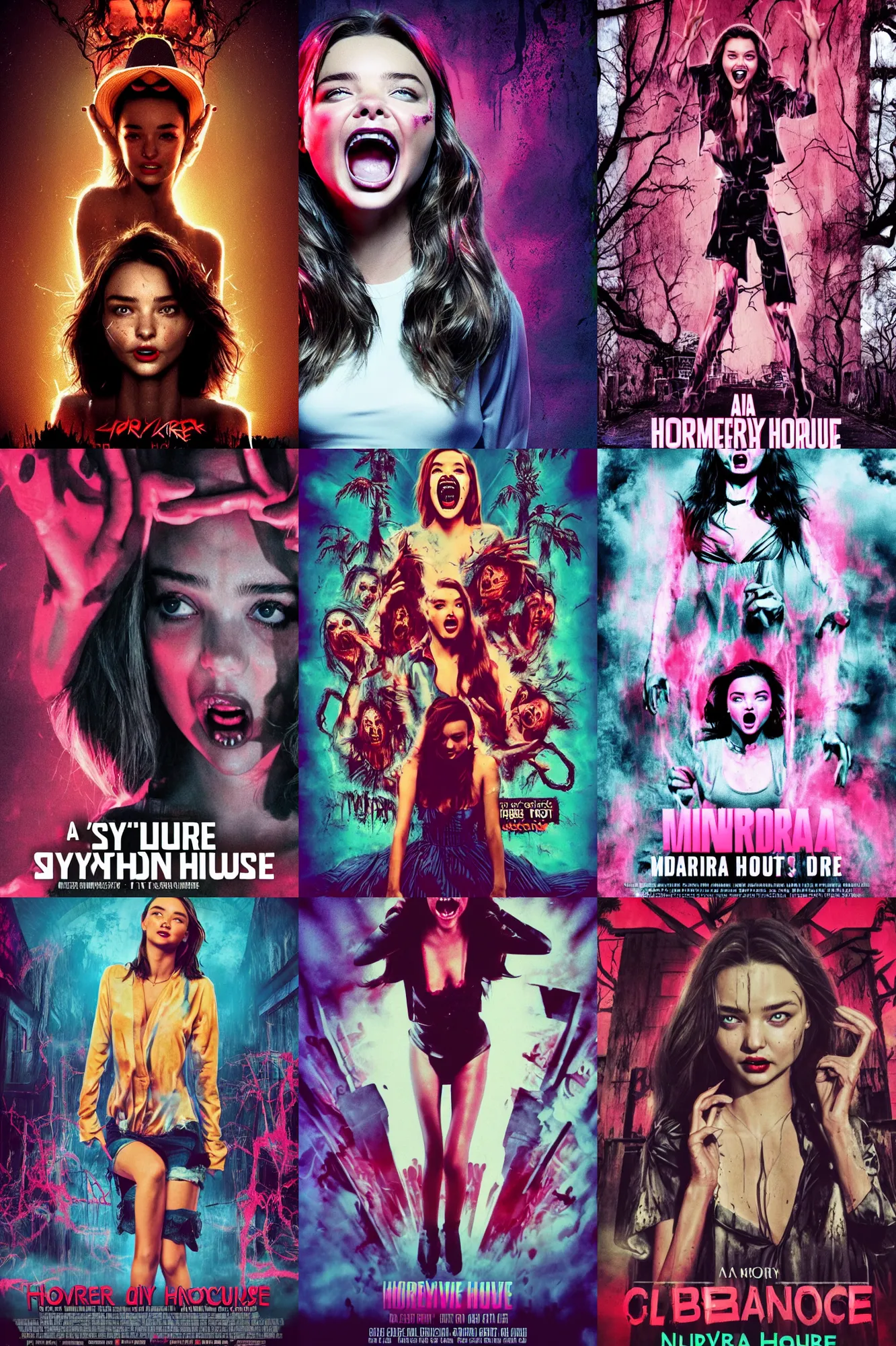 Prompt: a movie poster, horror movie staring miranda kerr screaming, haunted house themed, by synthwave cyberwave