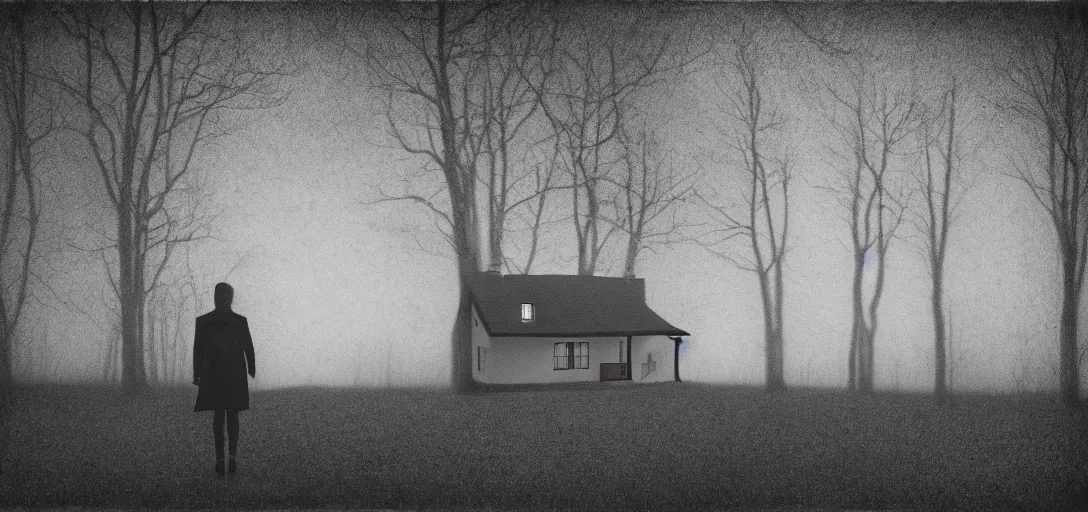 Prompt: minimalistic house in the wood, big moon, walking boy, black wolf, artwork by Rene Magritte, night, pinhole analogue photo quality, monochrome, blur, unfocus, cinematic, 35mm