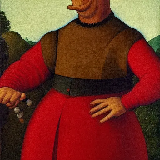 Image similar to vividly colorful oil painting portrait of Homer Simpson wearing aristocratic dress in the style of Cranach the Younger