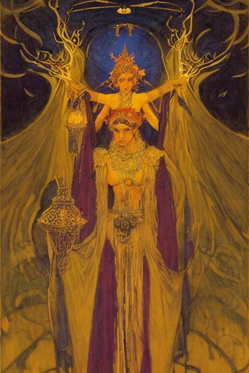 Image similar to queen of the night with her lantern and regalia, by Annie Swynnerton and Nicholas Roerich and jean delville, dramatic cinematic lighting , ornate headdress , flowing robes, lost civilizations, extremely detailed