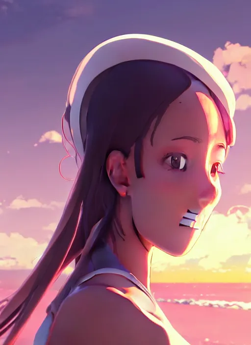 Prompt: side portrait of cute girl, sunset sky in background, beach landscape, illustration concept art anime key visual trending pixiv fanbox by wlop and greg rutkowski and makoto shinkai and studio ghibli and kyoto animation, futuristic wheelchair, symmetrical facial features, should eyes, future clothing, realistic anatomy, backlit