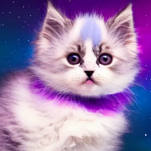 Prompt: cute fluffy kitten with purple cyan and white tabby fur and big eyes with night sky background