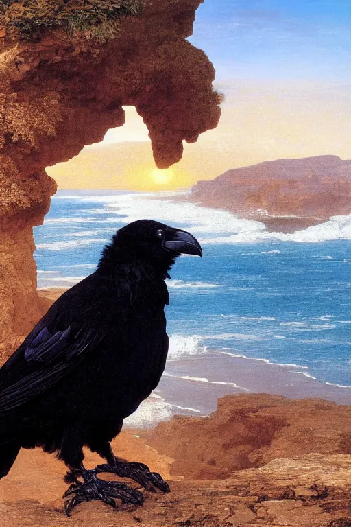 Prompt: a breathtakingly stunningly beautifully highly detailed extreme close up portrait of a raven under a rock arch, epic coves crashing waves plants, beautiful clear harmonious composition, dynamically shot, wonderful strikingly beautiful dynamic epic sunset, detailed organic textures, by frederic leighton and rosetti and turner and eugene von guerard, 4 k