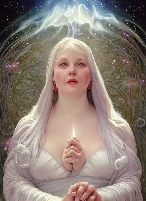 Prompt: a chubby white woman with pointed ears, wearing a white sundress, and a swirling sparkling cloud nebula for hair, realistic painting by ross tran and gerald brom and alphonse mucha, ilya kuvshinov, svetlana tigai, artgerm, trending on artstation