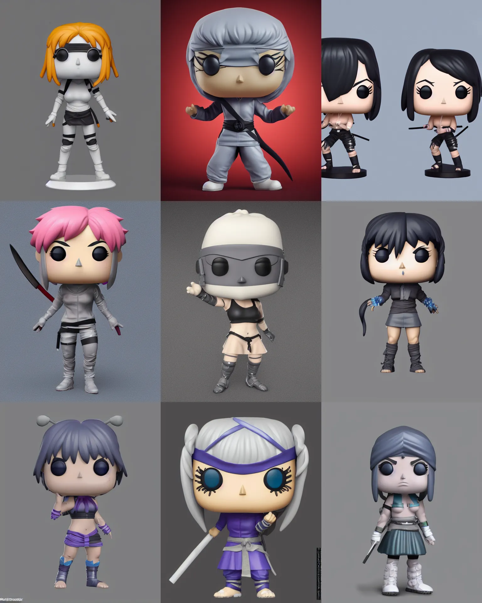 Prompt: full body 3 d render of ninja anime girl as a funko pop!, studio lighting, grey background, single body, no shadow, blender, trending on artstation, 8 k, highly detailed