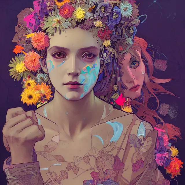 Prompt: a beautiful portrait painting of a ( cyberpunk ) girl covered with flowers by simon stalenhag and pascal blanche and alphonse mucha!! and nekro! and josan gonzalez!. in style of digital art. colorful comic, film noirs, symmetry, brush stroke, vibrating colors, hyper detailed. octane render. trending on artstation