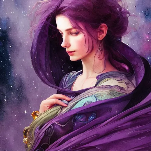 Image similar to Purple blue galaxy, Watercolor, photorealistic, high resolution, award winning, trending on artstation, intricate, elegant, highly detailed, digital painting, artstation, concept art, smooth, sharp focus, illustration, art by artgerm and greg rutkowski and alphonse mucha