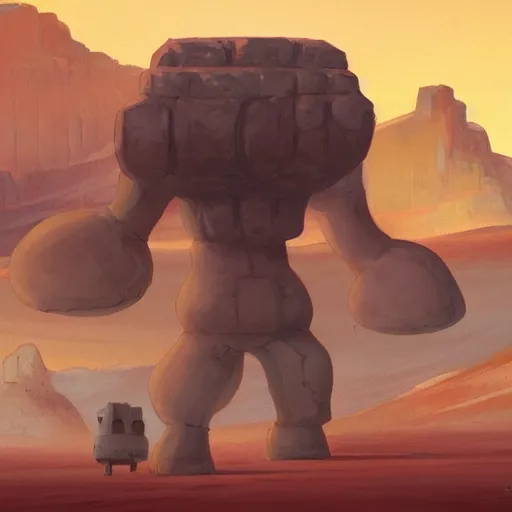 Prompt: panorama of giant stone golem carrying a city on its back walking through a desert, oil painting, by lois van baarle