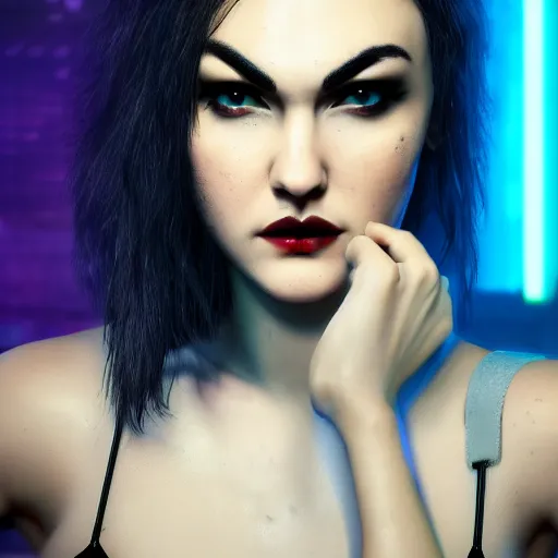 Image similar to sasha grey portrait, cyberpunk 2 0 7 7, cyberpunk judy alvarez, photorealistic, ultra detailed, neon, octane, bokeh, cinematic lighting, cyber, cyberpunk city, studio quality, feature, scars, cyberface, 8 k