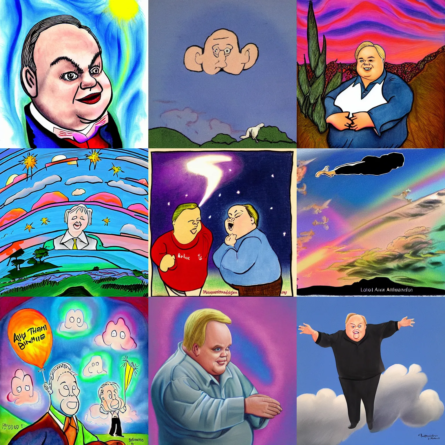 Prompt: louie anderson in heaven, cartoon, iridescent, clouds