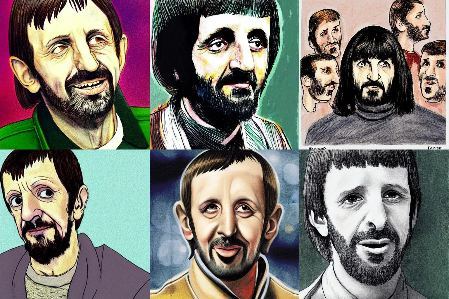 Prompt: “portrait of ringo Starr, coloured, by Raymond Briggs”