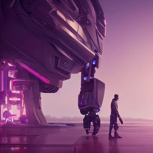 Image similar to hyperrealistic robot, futuristic, sci - fi, greg rutkowski, 3 d render, octane render, unreal engine, purple colors, dramatic lighting, epic composition