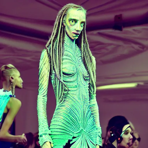 Prompt: intricate detail, haute couture, iris van herpen, mugler, techno mystic, inanna ashteroth with aqua neon rapunzel dreadlocks, nautical siren, princess intergalactica, gateway to futurisma