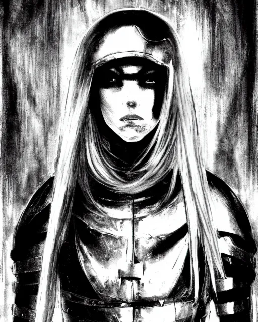 Image similar to portrait of a female crusader by tsutomu nihei, monochrome, gothic, dark, high contrast