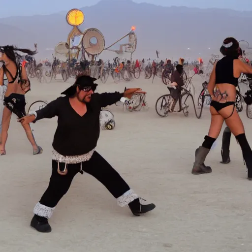 Prompt: a panda dancing on a busy playa at burning man