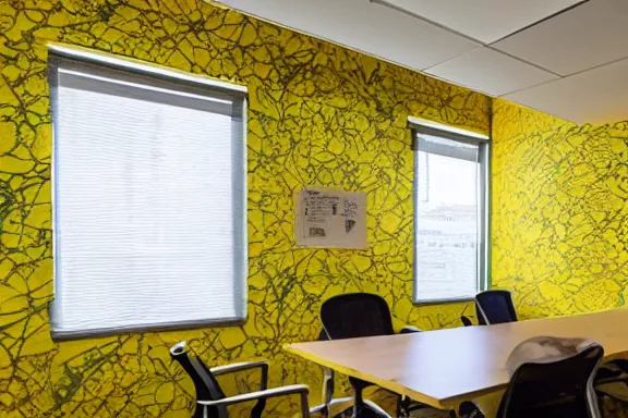 Image similar to an endless office space with old yellow wallpaper from the 1970s lit by fluorescent lights with no windows