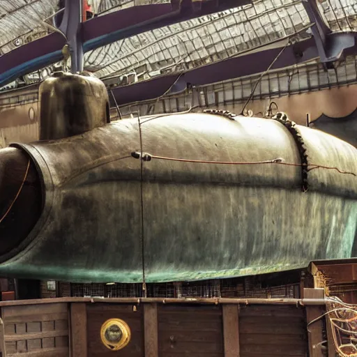 Image similar to Colour photo of steampunk submarine at dry dock