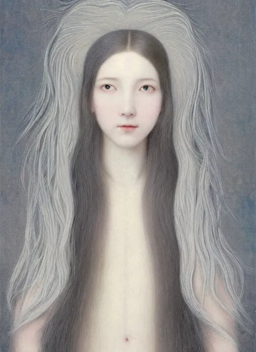 Image similar to thin young wan beautiful angel, silver hair so long, pale!, long silver hair, silver angel wings, smooth skin, wan adorable korean face, silver hair!!, style of fernand khnopff and lucien levy - dhurmer, oil on canvas, 1 8 6 2, 4 k resolution, aesthetic!,