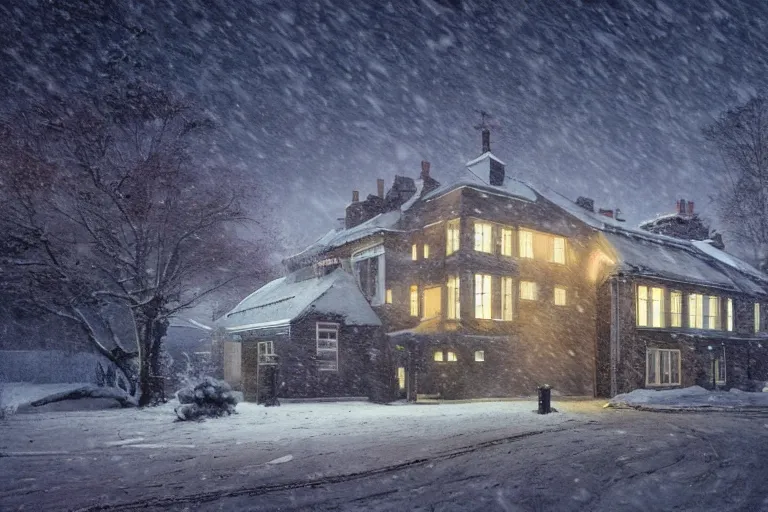 Image similar to cyberpunk, winter in the snow, an estate agent listing photo, external view of a 5 bedroom detached countryside house in the UK, by Paul Lehr