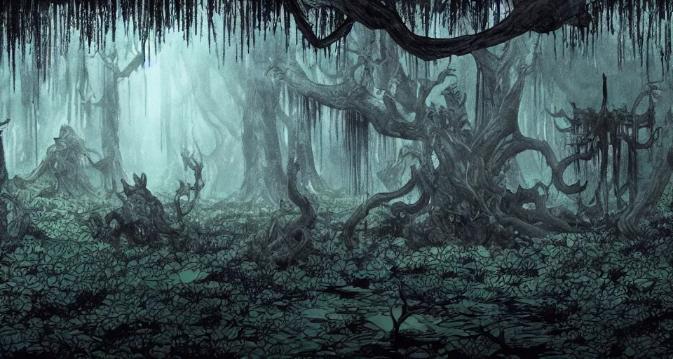 Image similar to A dense and dark enchanted forest with a swamp, from Berserk